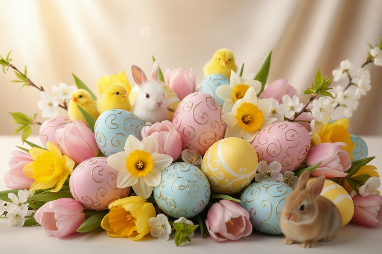 Easter Hero Background with Chicks and Bunnies